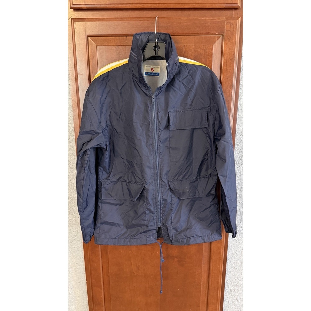 Vintage Champion Products Navy Yellow Windbreaker Jacket Zip Closure Hidden Hood